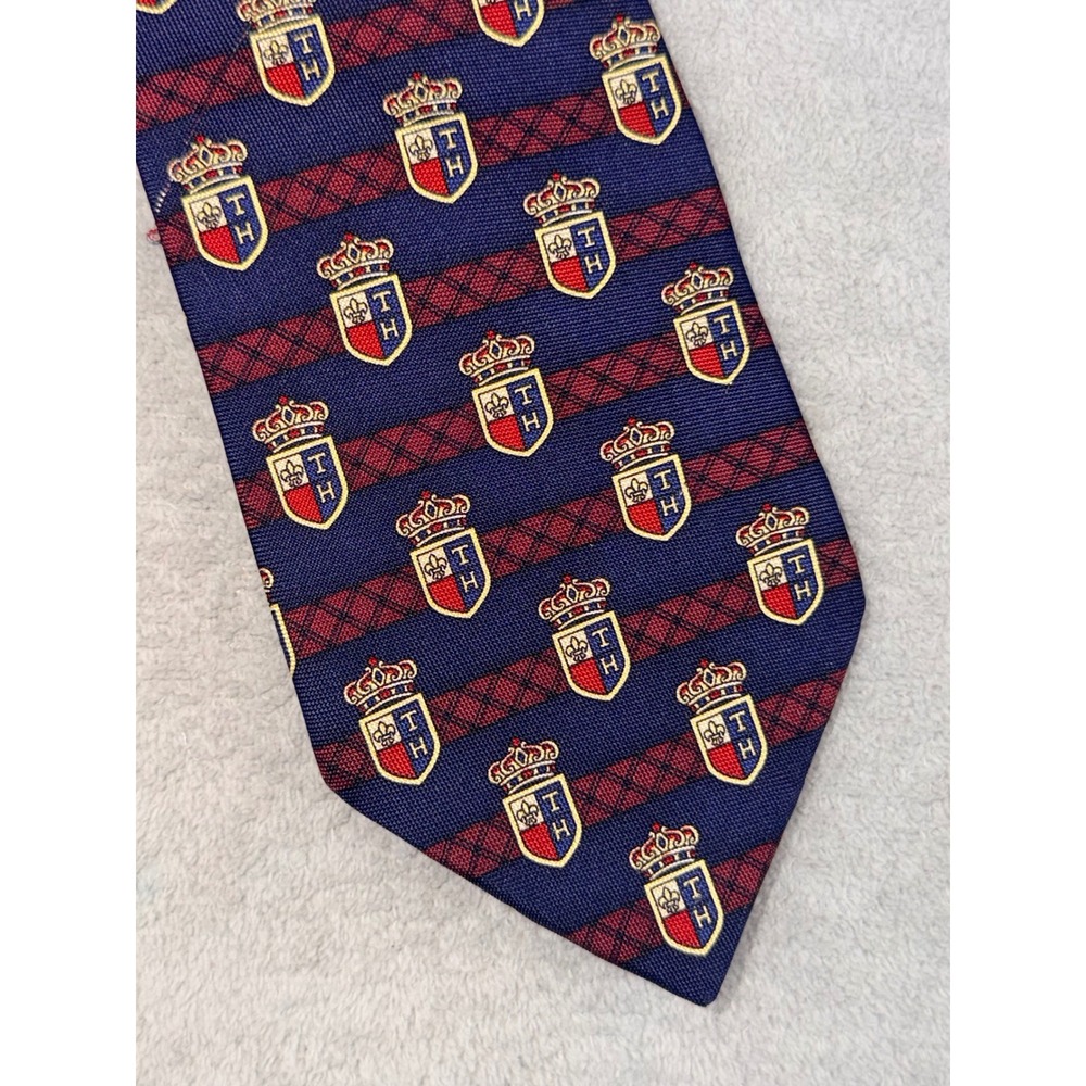 Tommy Hilfiger Mens Silk Tie Navy Blue Red Lattice Crest Heraldic‎ Preppy USA